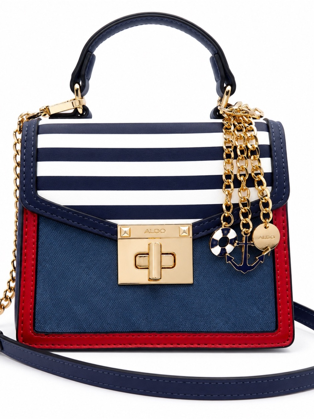 NWT ALDO Nautical Striped Top Handle Crossbody Mini Satchel Navy Red Gold Charm